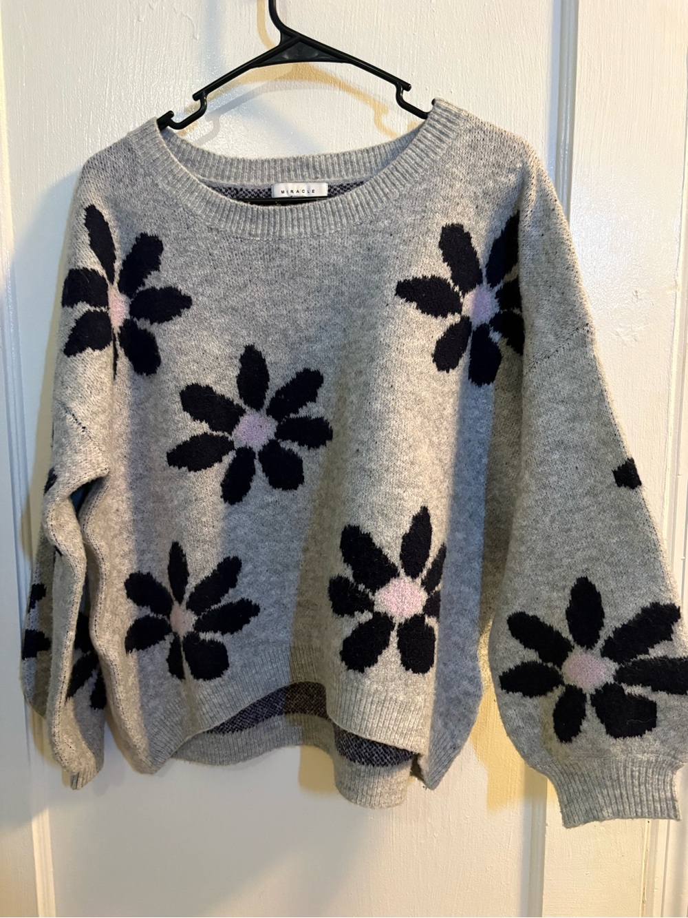 Miracle Gray Floral Crewneck Sweater with Black and Pink Flowers